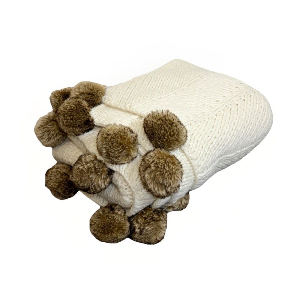 Pottery Barn White Chunky Knit Faux Fur Pom Pom Trim Throw Blanket 50”x60” - Picture 5 of 7